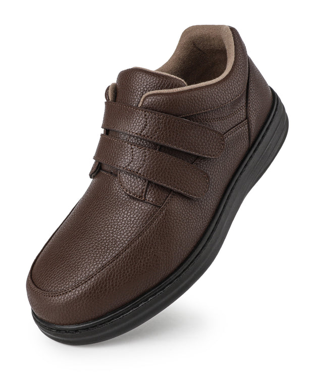 Men's Leather Loafers Slip-On Shoes for Diabetic & Swollen Feet – Adjustable Hook & Loop Strap Walking Sneakers, Comfortable Dress Casual Oxford Shoes for Business