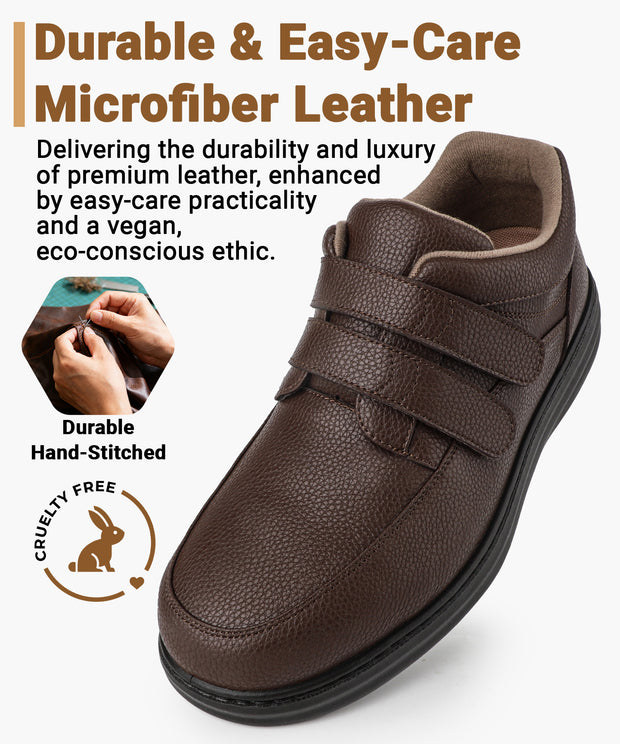 Men's Leather Loafers Slip-On Shoes for Diabetic & Swollen Feet – Adjustable Hook & Loop Strap Walking Sneakers, Comfortable Dress Casual Oxford Shoes for Business