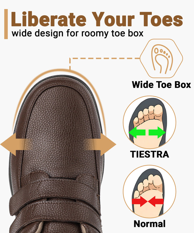 Men's Leather Loafers Slip-On Shoes for Diabetic & Swollen Feet – Adjustable Hook & Loop Strap Walking Sneakers, Comfortable Dress Casual Oxford Shoes for Business