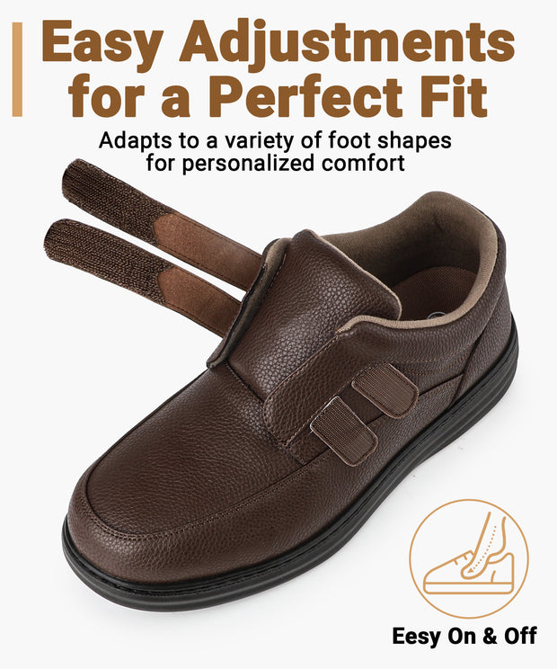 Men's Leather Loafers Slip-On Shoes for Diabetic & Swollen Feet – Adjustable Hook & Loop Strap Walking Sneakers, Comfortable Dress Casual Oxford Shoes for Business