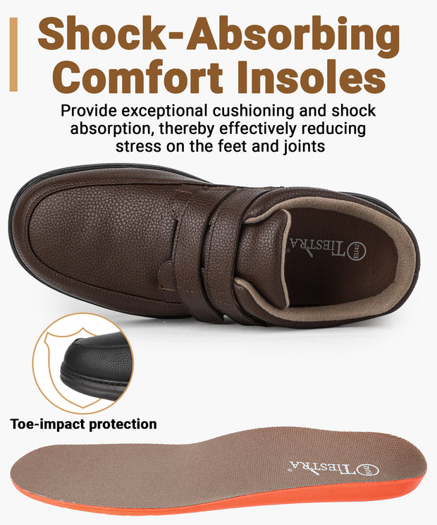 Men's Leather Loafers Slip-On Shoes for Diabetic & Swollen Feet – Adjustable Hook & Loop Strap Walking Sneakers, Comfortable Dress Casual Oxford Shoes for Business