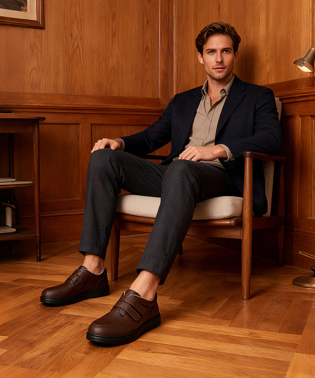 Men's Leather Loafers Slip-On Shoes for Diabetic & Swollen Feet – Adjustable Hook & Loop Strap Walking Sneakers, Comfortable Dress Casual Oxford Shoes for Business