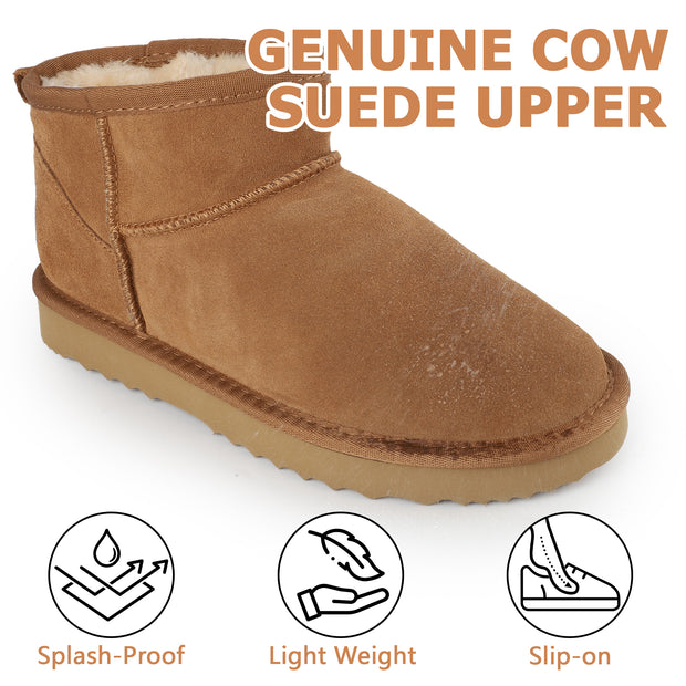 riemot Chelsea Ankle Boots for Women Genuine Suede Faux Fur Lining Winter Low Heel Mini Snow Boot Outdoor Non-Slip Thermal Shoes Cozy Slip On Elastic Booties Chestnut