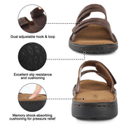 Mens Adjustable Leather Slide Sandals Comfortable Lightweight Summer Memory Foam Sandals Casual Beach Slip On Sandals for Men Indoor &amp; Outdoor