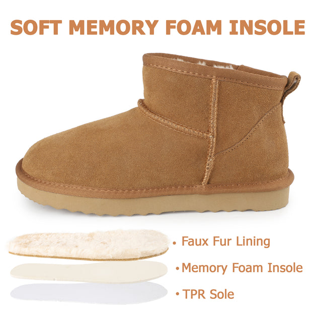 riemot Chelsea Ankle Boots for Women Genuine Suede Faux Fur Lining Winter Low Heel Mini Snow Boot Outdoor Non-Slip Thermal Shoes Cozy Slip On Elastic Booties Chestnut