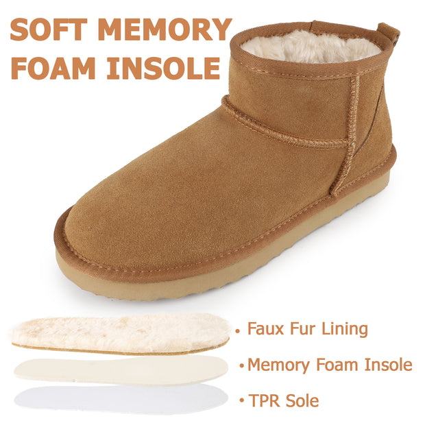 riemot Chelsea Ankle Boots for Women Genuine Suede Faux Fur Lining Winter Low Heel Mini Snow Boot Outdoor Non-Slip Thermal Shoes Cozy Slip On Elastic Booties Chestnut