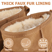 riemot Chelsea Ankle Boots for Women Genuine Suede Faux Fur Lining Winter Low Heel Mini Snow Boot Outdoor Non-Slip Thermal Shoes Cozy Slip On Elastic Booties Chestnut