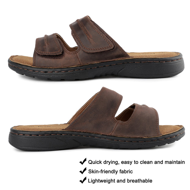 Mens Adjustable Leather Slide Sandals Comfortable Lightweight Summer Memory Foam Sandals Casual Beach Slip On Sandals for Men Indoor &amp; Outdoor