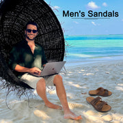 Mens Adjustable Leather Slide Sandals Comfortable Lightweight Summer Memory Foam Sandals Casual Beach Slip On Sandals for Men Indoor &amp; Outdoor