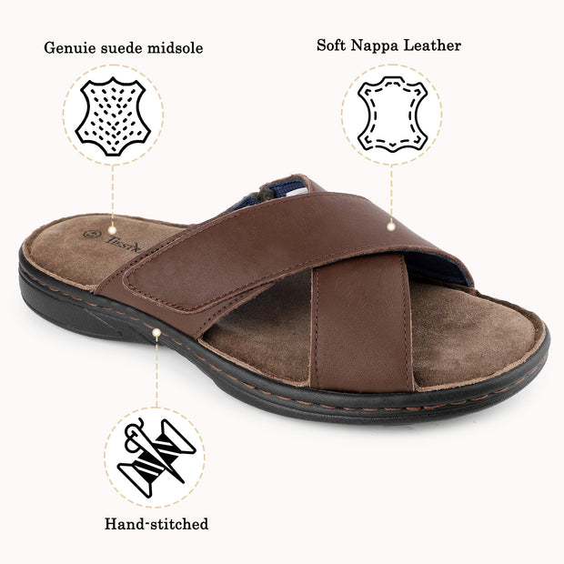 Mens Napa Leather Slides Sandals Soft Cushion Dress Sandals with Memory Foam Footbed Comfortable & Lightweight Summer Beach Indoor & Outdoor Slip On Casual Footwear