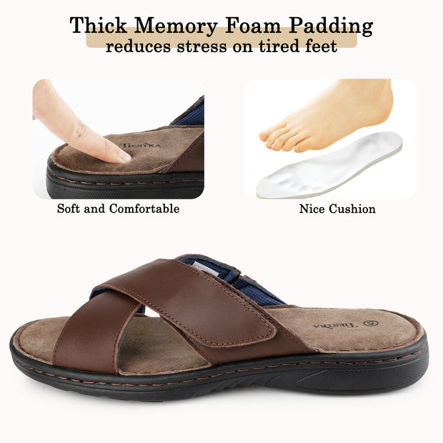 Mens Napa Leather Slides Sandals Soft Cushion Dress Sandals with Memory Foam Footbed Comfortable & Lightweight Summer Beach Indoor & Outdoor Slip On Casual Footwear