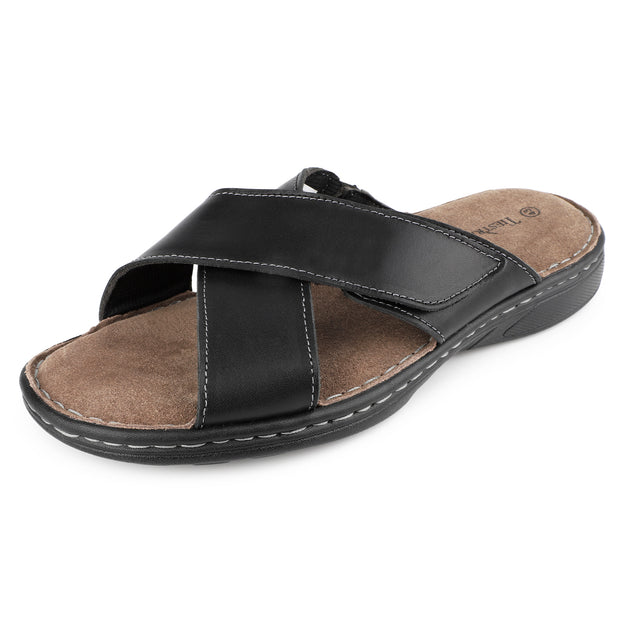 Mens Napa Leather Slides Sandals Soft Cushion Dress Sandals with Memory Foam Footbed Comfortable & Lightweight Summer Beach Indoor & Outdoor Slip On Casual Footwear