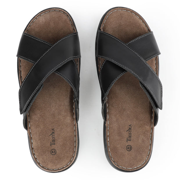 Mens Napa Leather Slides Sandals Soft Cushion Dress Sandals with Memory Foam Footbed Comfortable & Lightweight Summer Beach Indoor & Outdoor Slip On Casual Footwear