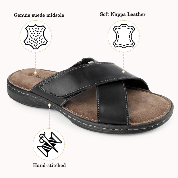 Mens Napa Leather Slides Sandals Soft Cushion Dress Sandals with Memory Foam Footbed Comfortable & Lightweight Summer Beach Indoor & Outdoor Slip On Casual Footwear