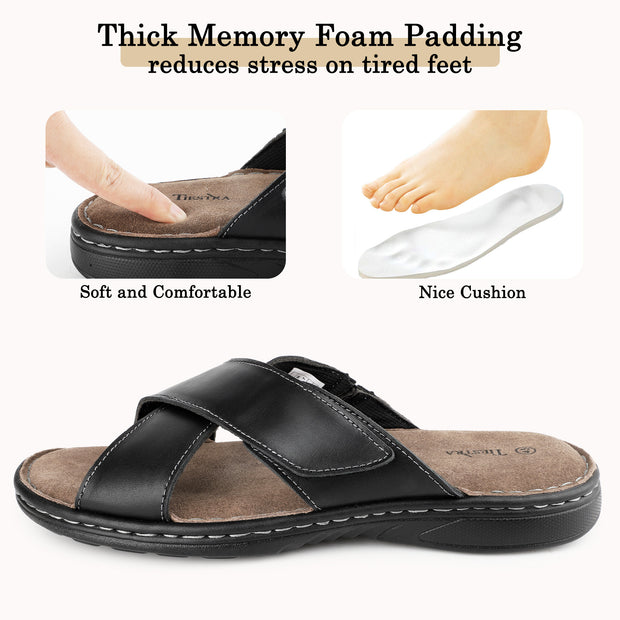 Mens Napa Leather Slides Sandals Soft Cushion Dress Sandals with Memory Foam Footbed Comfortable & Lightweight Summer Beach Indoor & Outdoor Slip On Casual Footwear