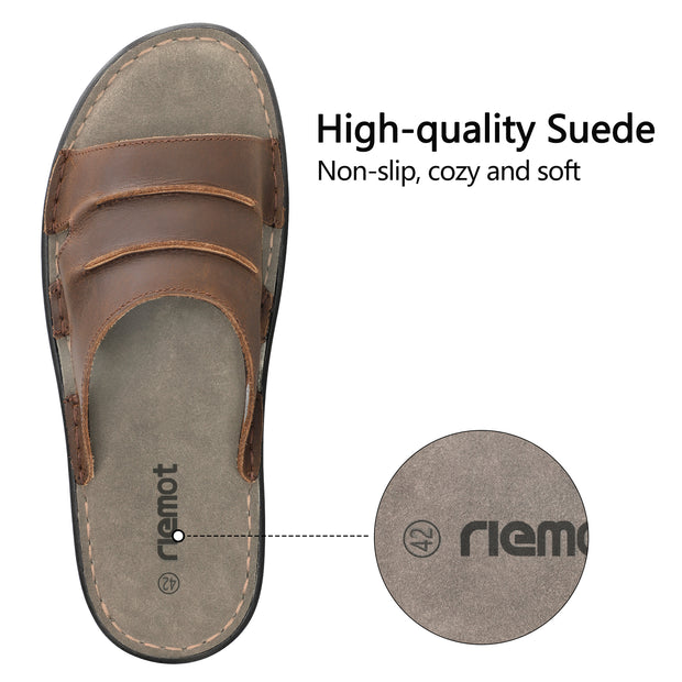 riemot Men's Leather Sandals Outdoor Walking Cushioning Arch Support Sandals Casual Lightweight Non-slip Summer Slides Shoes US 9-14