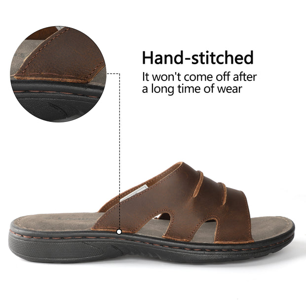 riemot Men's Leather Sandals Outdoor Walking Cushioning Arch Support Sandals Casual Lightweight Non-slip Summer Slides Shoes US 9-14