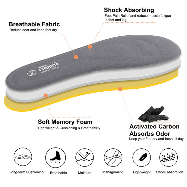 riemot 2 Pairs Memory Foam Insoles for Women Replacement Shoe Inserts for Work Boot,Sneaker,Comfort Cushion Shoe Insoles,Breathable Inner Soles Shock Absorbing for Foot Pain Relief