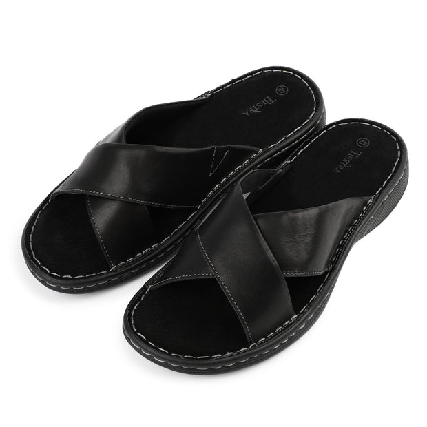 Mens Napa Leather Slides Sandals Soft Cushion Dress Sandals with Memory Foam Footbed Comfortable & Lightweight Summer Beach Indoor & Outdoor Slip On Casual Footwear