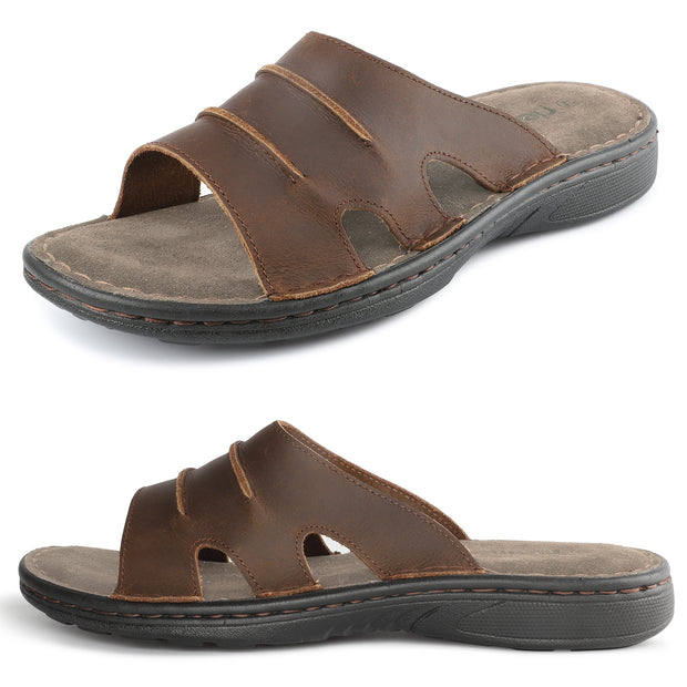 riemot Men's Leather Sandals Outdoor Walking Cushioning Arch Support Sandals Casual Lightweight Non-slip Summer Slides Shoes US 9-14