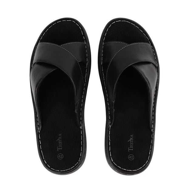 Mens Napa Leather Slides Sandals Soft Cushion Dress Sandals with Memory Foam Footbed Comfortable & Lightweight Summer Beach Indoor & Outdoor Slip On Casual Footwear