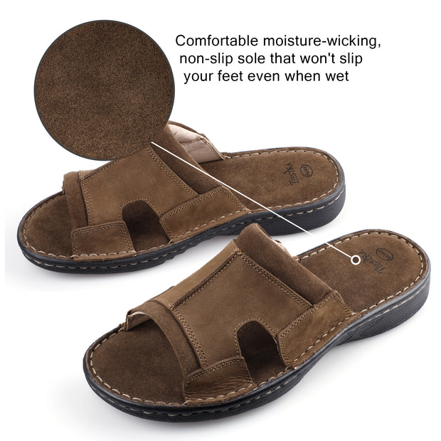 Mens Leather Slide Sandals Comfortable Lightweight Summer Casual Beach Slides for Men Indoor & Outdoor slip on sandals