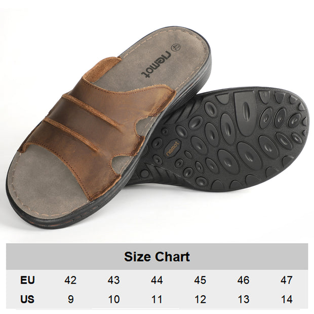 riemot Men's Leather Sandals Outdoor Walking Cushioning Arch Support Sandals Casual Lightweight Non-slip Summer Slides Shoes US 9-14