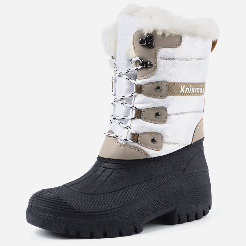 Knixmax Women's Snow Boots White Waterproof Sole Fur Lined Winter